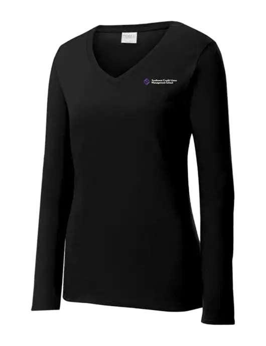 Womens V-Neck Ring Spun Jet Black 4.5 oz Long Sleeve T-Shirt w/SCMS Logo