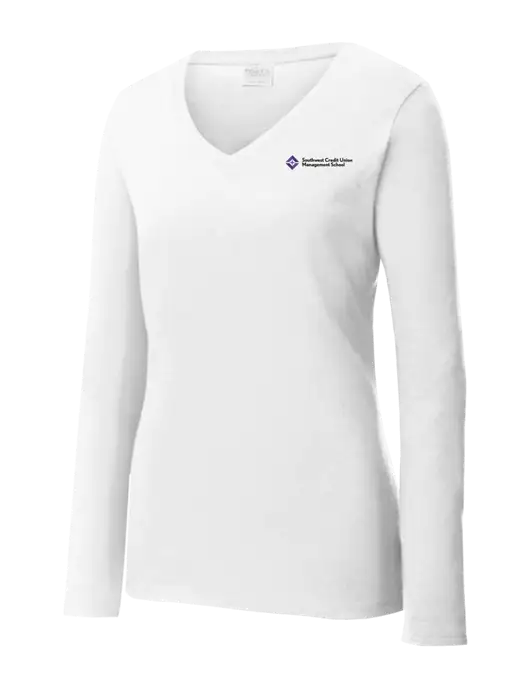 Womens  V-Neck Ring Spun White 4.5 oz Long Sleeve T-Shirt w/SCMS Logo